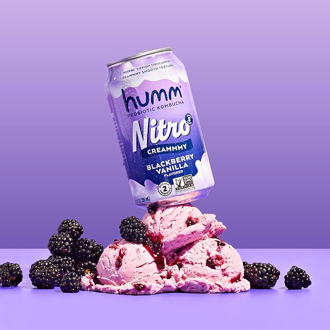 Humm Nitro Kombucha Blackberry Vanilla, Creamy Smooth Probiotic Drink with L-Theanine, Non-GMO, Vegan, Gluten Free, 12 fl oz (Pack of 24)