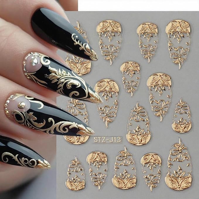 Fall Nail Stickers Gold Leaf Thanksgiving Nail Decals DIY Self Adhesive Floral Fruit Nail Design 3D Nail Decoration Supplies Holiday Manicure Accessories for Women Girls 4Pcs