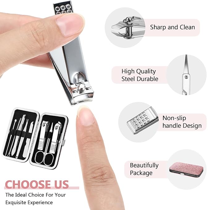 Geosar 12 Sets Manicure Set Nail Clippers Pedicure Kit 8 in 1 Grooming Stainless Steel Kits Nail Care Tools with Travel Case Xmas Gifts Christmas Stocking Stuffers for Men Women(Glitter Pink)
