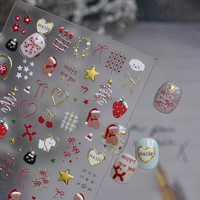 Christmas Nail Stickers 5D Embossed Xmas Nail Decals 1PCS Bear Bow Christmas Tree Star Love Heart Cartoon Self-Adhesive Design Holiday Nail Stickers Manicure Accessories for Women DIY Nail Art Decor