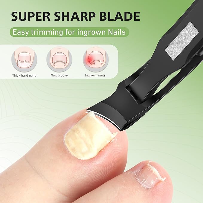BALUCA Premium Slanted Toenail Clippers for Ingrown Nails – Heavy Duty Curved Blade Nail Clipper for Thick Nails, Seniors & Men – Ergonomic Grip with Built-in Nail File, Black