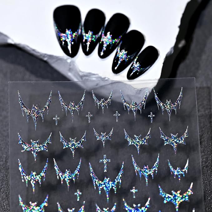 Halloween Nail Art Stickers Decals Silver Glitter Bat Nail Stickers 3D Embossed Bling Bat Cross Gothic French Design Halloween Nail Decals Manicure Sliders for Women DIY Nail Art Decorations Supplies