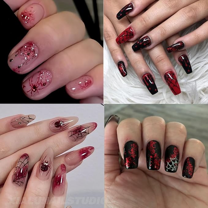 1 Sheets Halloween Nail Stickers for Nail Art 3D Self -Adhesive Spider Web Spider Nail Art Sticker Red Blood Drop Butterfly Heart Designs Stickers Horror Gothic Nail Decal for Women DIY Nail Salon