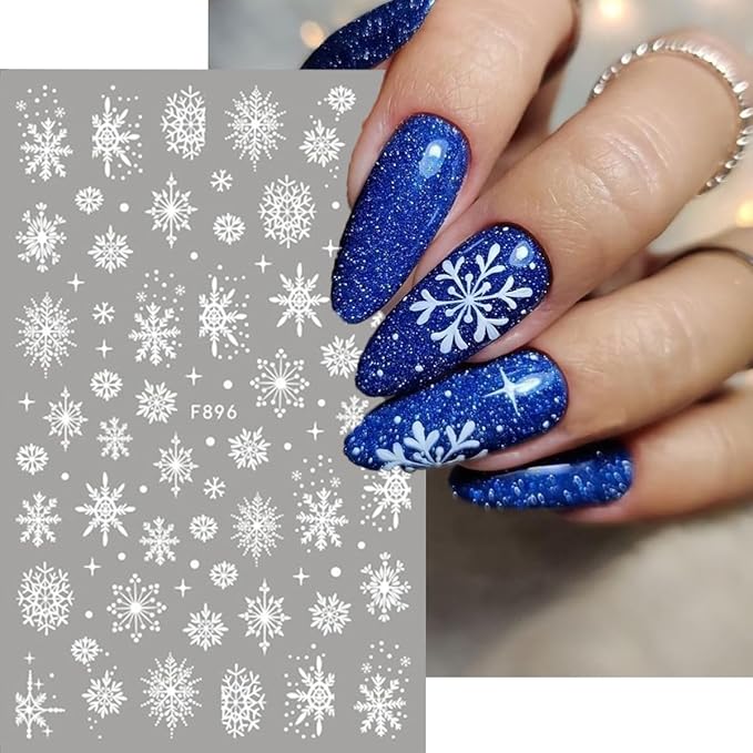 10Sheets Christmas Snowflake Nail Art Stickers White Snowflake Winter Nail Decals 3D Self Adhesive Xmas Nail Art Decorations Supplies Deer HOHO French Stripe Design Manicure Stickers for Women Girls