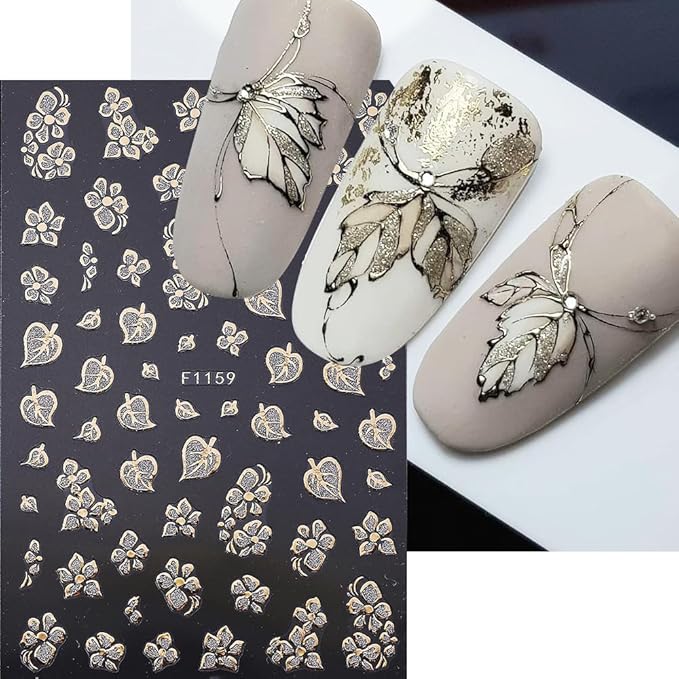 Fall Maple Leaves Nail Art Stickers for Thanksgiving, Gold Maple Leaves Nail Decals 3D Self-Adhesive with Flowers Butterfly Design 6Pcs French Tip Glitter Nail Art Supplies for Women Nail Decoration