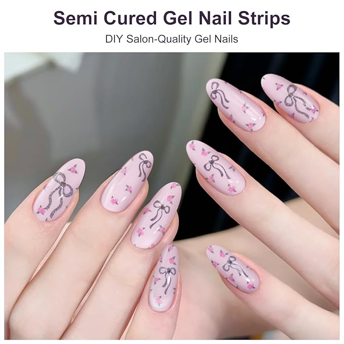 Semi Cured Gel Nail Strips,28 PCS Gel Nail Stickers |Wraps (Cute Bow),Long Lasting Stickers with UV Light Required,Easy to Apply