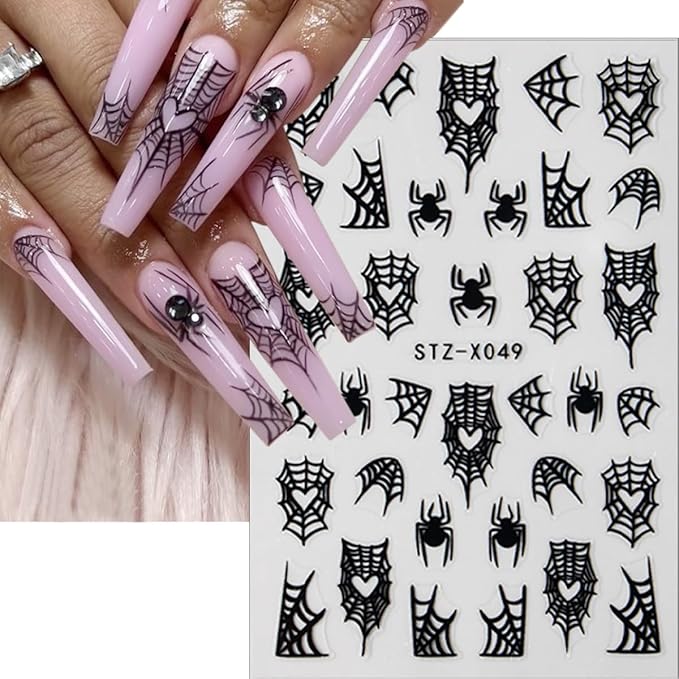 Halloween Spider Nail Stickers - 3D Black Spider Web Designs, Self-Adhesive Star & Bat Decals for Women's DIY Acrylic Nail Art, 6 Sheets