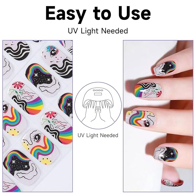 Semi Cured Gel Nail Strips (Rainbow), 28 pcs Gel Nail Stickers, Work with Any UV Lamps, Long-Lasting NailWraps for Women DIY Gift, Easy to Apply & Remove, Salon-Quality