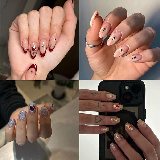 12 Sheets Gold Nail Art Stickers 3D Self-Adhesive Nail Stickers Sliver Star Nail Decals Red Heart Moon Nail Supplies Nail Art Design Gold Manicure Decorations for Women and Girls