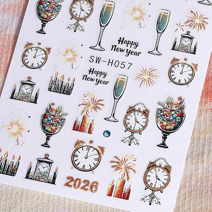 Christmas Nail Art Stickers Fireworks Clock Nail Stickers 6PCS Gold Glitter Lantern Ball Champagne Tree 2026 Design 3D Self-Adhesive Xmas Nail Decals Manicure Supply for New Year Nail Art Decorations