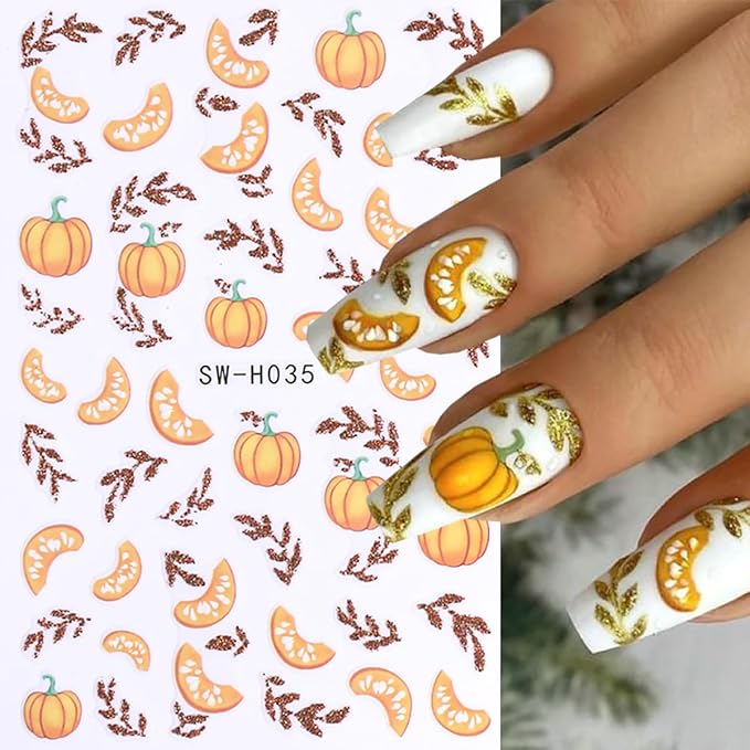 Pumpkin Nail Art Stickers Fall Maple Leaf Nail Decals 6 Sheets 3D Self-Adhesive Maple Leaves Pumpkin Nail Design Nail Art Supplies Fall Stickers for Nails Women DIY Manicure Decorations Accessories