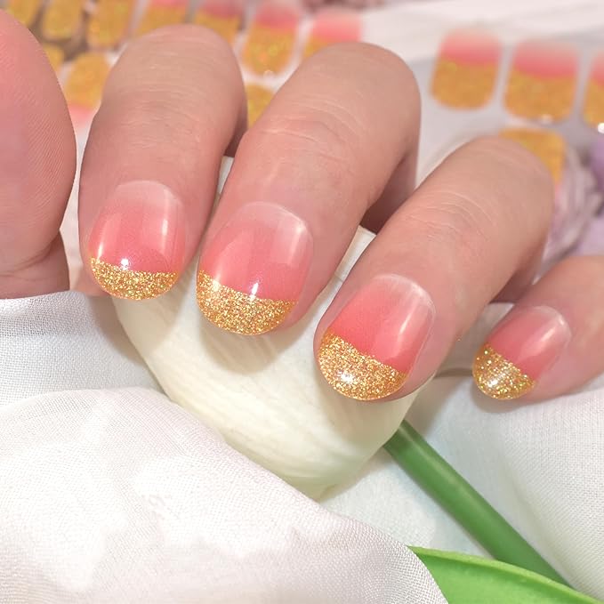 Semi Cured Gel Nail Strips (Glitter French Tip)-22 PCS Manicure Stickers | Light Required | Gel Nail Wraps, Salon Quality & Easy To Use