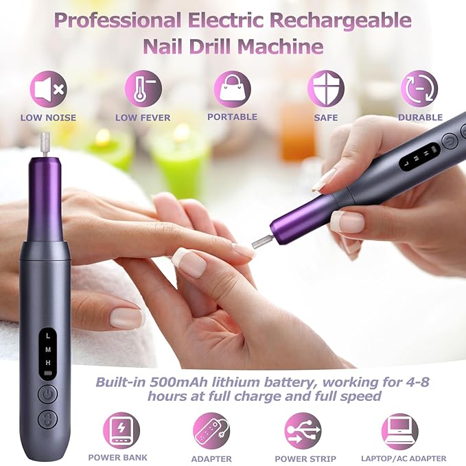 Electric Nail Files Cordless, Professional Nail Drill LCD Display With 12 Bits 30000RPM Rechargeable Manicure Pedicure EFile For Gel Nail Polish Acrylic Nails Thick Toenails Removal,Grey purple
