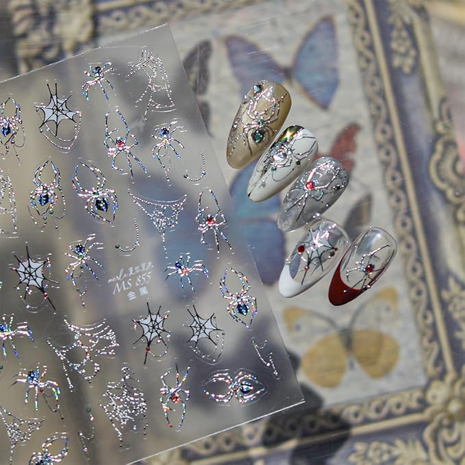 1 Sheets Halloween Nail Stickers for Nail Art Metal Spider Nail Art Stickers Silver Spiders Web with Rhinestones Design Horror Gothic Nail Decals Manicure Decoration for Women Acrylic Nail Supplies