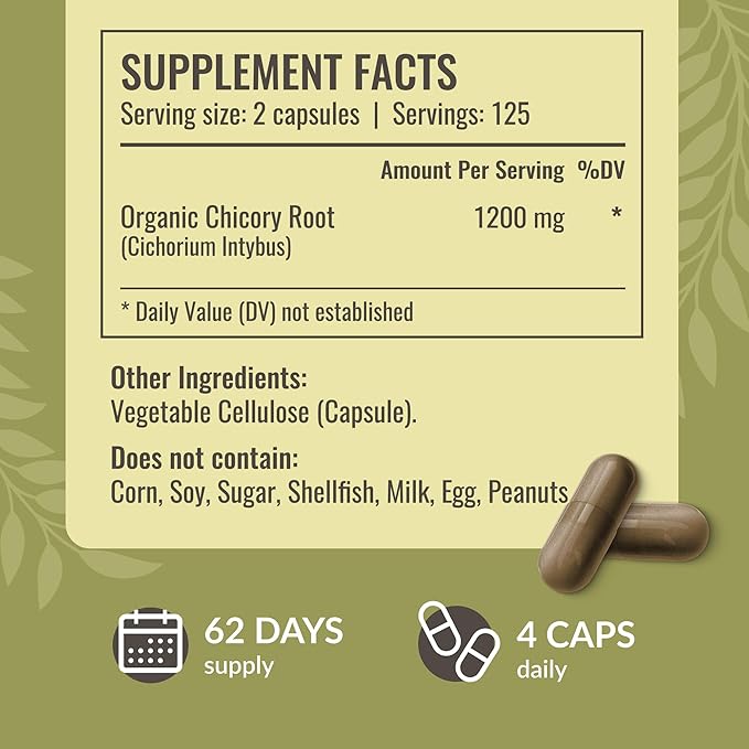 HERBAMAMA Chicory Root Fiber Capsules - 1200mg Chicory Root Powder for Gut Cleanse & Digestive Support - Vegan, Non-GMO Inulin Prebiotic Fiber Supplement