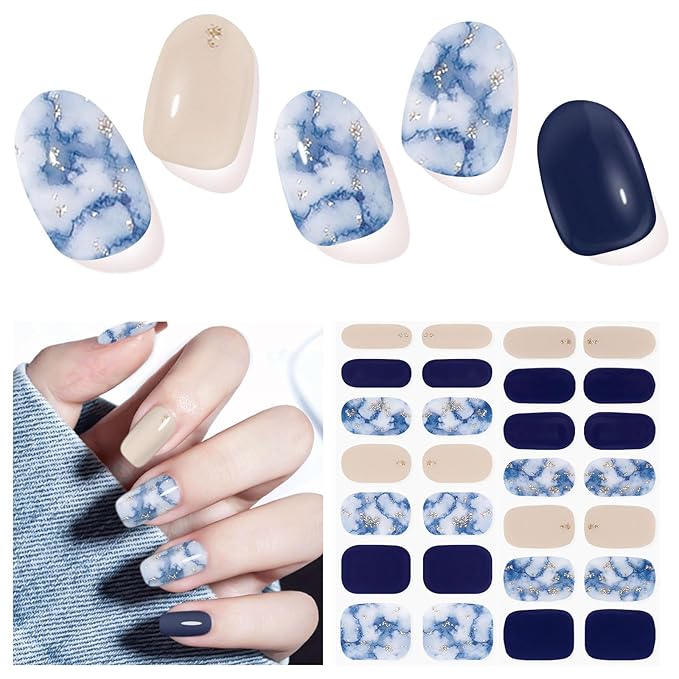 Semi Cured Gel Nail Strips,28 Pcs Gel Nail Stickers Wraps(Ocean Blue),Long Lasting Stickers Works with Any UV Light, Easy to Apply