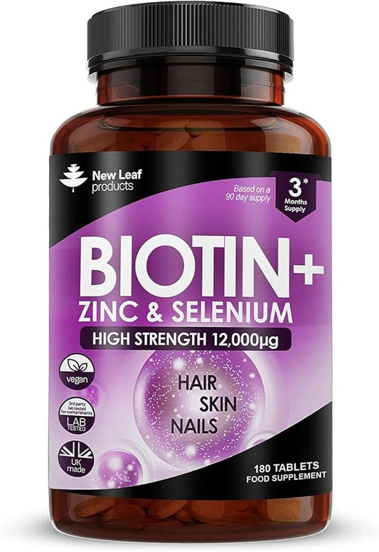 Biotin Hair Growth Vitamins 12000mcg High Strength with Coconut Oil - Promotes Healthy Hair Skin & Nails - Biotin Vitamins for Women& Men Vegan, Gluten Free Supplements - Made in The UK by New Leaf