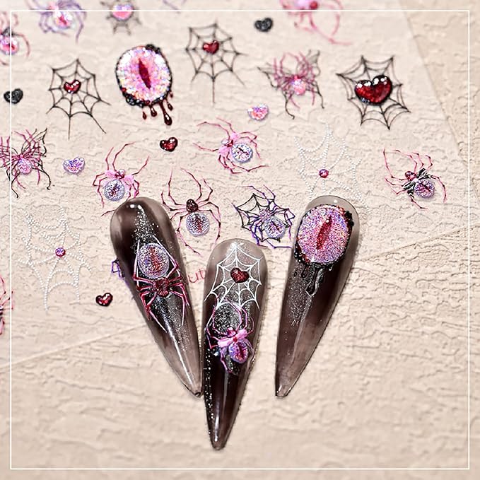 Halloween Nail Art Stickers 5D Embossed Pink Purple Spider Eye Nail Stickers Design Spider Web Heart Nail Decals Nail Art Supplies for Women Acrylic DIY Nail Decorations 1Pc