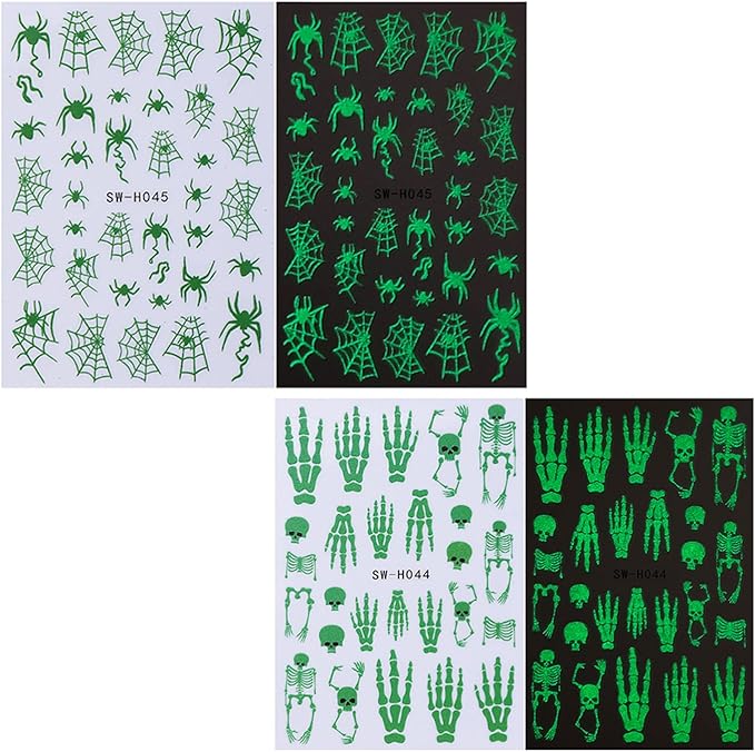 Halloween Nail Stickers,Skull and Spider Webs Design 3D Self-Adhesive Nail Decals Glow in The Dark Halloween Nail Art Decorations DIY Manicure Supplies for Women Girls 2 Sheet