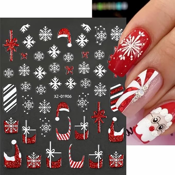 12Sheets Christmas Nail Art Stickers Snowflake Snowman 3D Self-Adhesive Xmas Nail Decals Nail Art Supplies Red Gold Santa Claus Elk Xmas Tree Santa's Hat Design Holiday Nail Art Accessories for Women