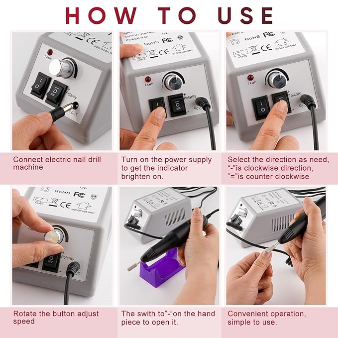 Professional Electric Nail Drill Machine Nails File Manicure Pedicure Set for Acrylic Gel Dip Powder Art Shape Remover Tool Polisher Grinder Low Noise with 6 Drill Bits 156pcs Sanding Bands (Black)