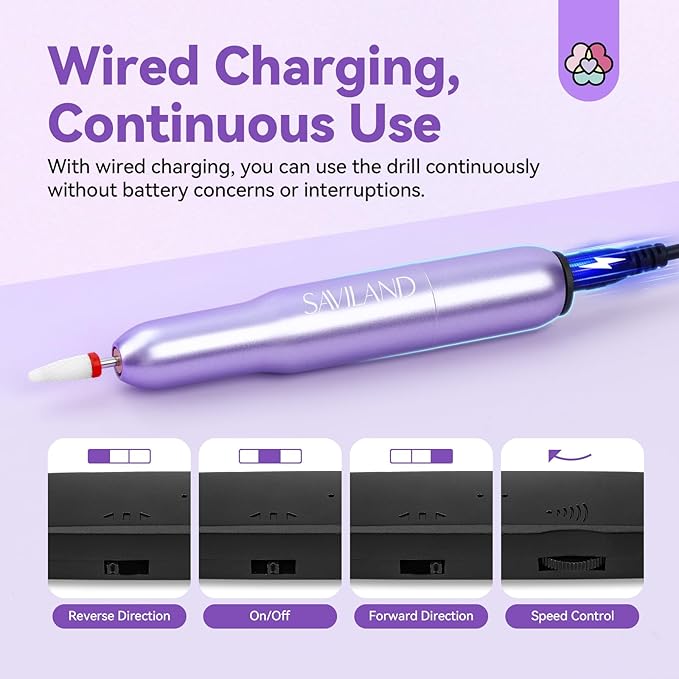 SAVILAND Portable Electric Nail Drill: Nail Drill Kit 20000RPM Purple Cuticle Bit Nail File 51 Sanding Bands Beginners at Home Manicure Pedicure