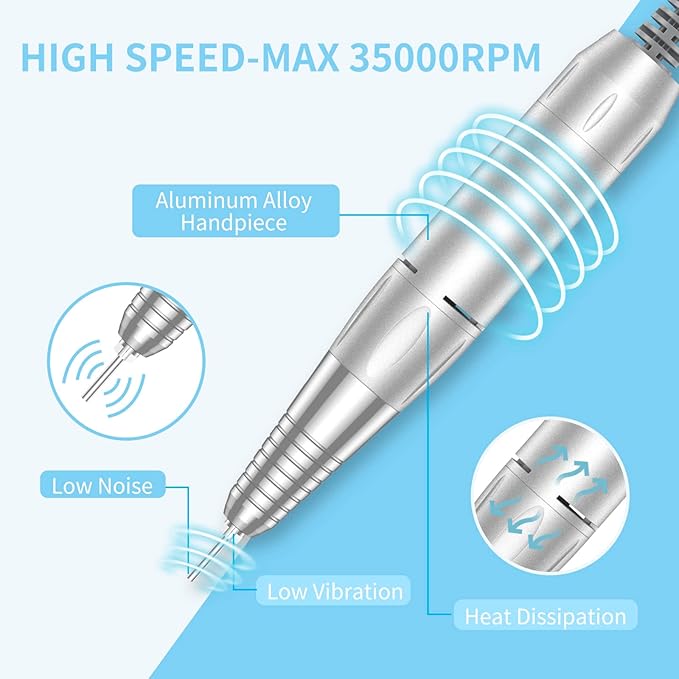 Portable Nail Drill Professional 35000 RPM, MOCOWIND Rechargeable Electric Nail File Machine E File for Acrylic Gel Polishing Removing, Cordless E-File with Bits Kit for Manicure Salon Home, Blue