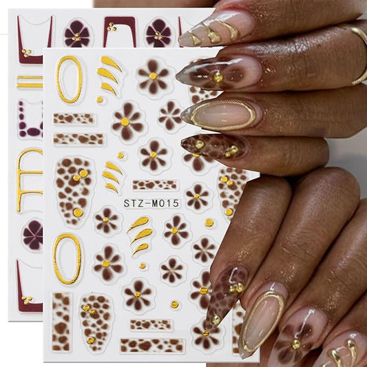 2 Pcs Leopard Print Nail Stickers Fall Decals for Nial Art French Nail Art Design 5D Embossed Brown Flower Nail Supplies Golden Circle Nail Art Accessories for Women Autumn DIY Manicure Decoration