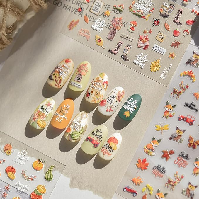 1Sheet 5D Relief Ginkgo Maple Leaf Stickers for Nails Design Embossed Fall Leaves Nail Art Stickers Autumn Maple Leaf Nail Decals Thanksgiving Day Fox Nail Supplies Manicure Decoration for Women