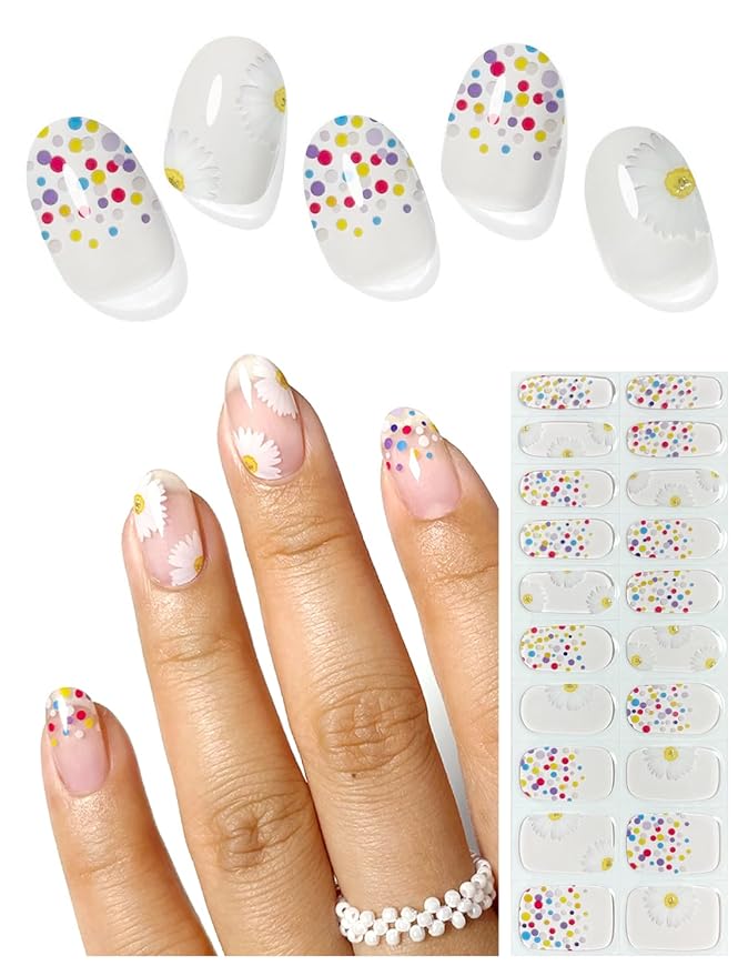Semi Cured Gel Nail Strips (Daisy), Clear, Summer, 20 Pcs Gel Nail Wraps, Stickers, UV Light Required, Salon Quality, Long Lasting