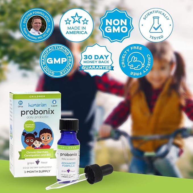 Humarian Probonix Advanced Liquid Probiotics for Kids 30 lbs and Up - 8-Strain Kids Probiotic Drops to Fortify Gut Health, Immunity and More - 30-Day Supply - Tasty Grape Flavor