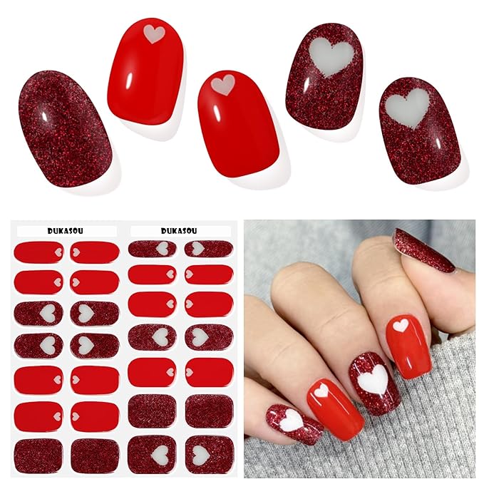 Semi Cured Gel Nail Strips, Heart Signal | 28 pcs Gel Nail Strips Work with Any UV Lamp, Salon Quality UV Nails Stickers, Easy to Apply for Home Nails DIY