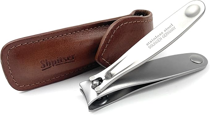 Shpitser Nail Clipper of Solingen Stainless Steel, German TopInox German Fingernails and Toenails Clipper, Nail Care for Men and Women in Genuine Leather Case (Dark Brown)