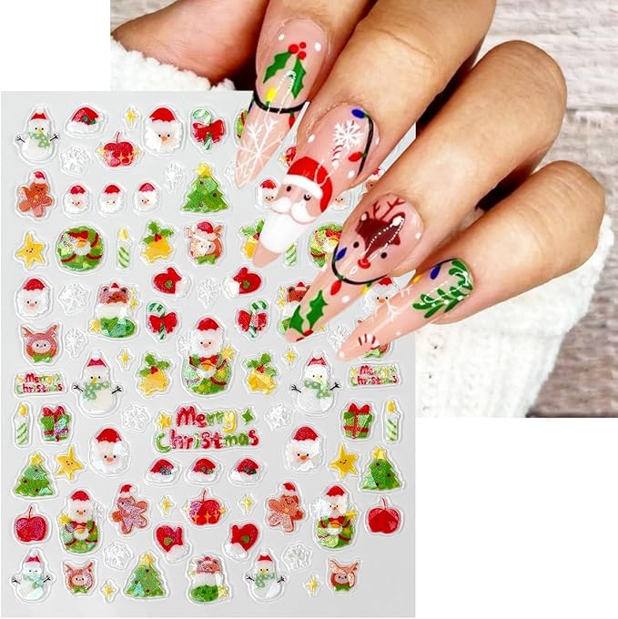 Christmas Nail Art Stickers 3D Cute Santa Claus Nail Stickers Pink White Snowmen Snowflake Nail Design Sticker Self-Adhesive Winter Christmas Tree Nails Decals for Women DIY Nails Supplies 6 Sheets