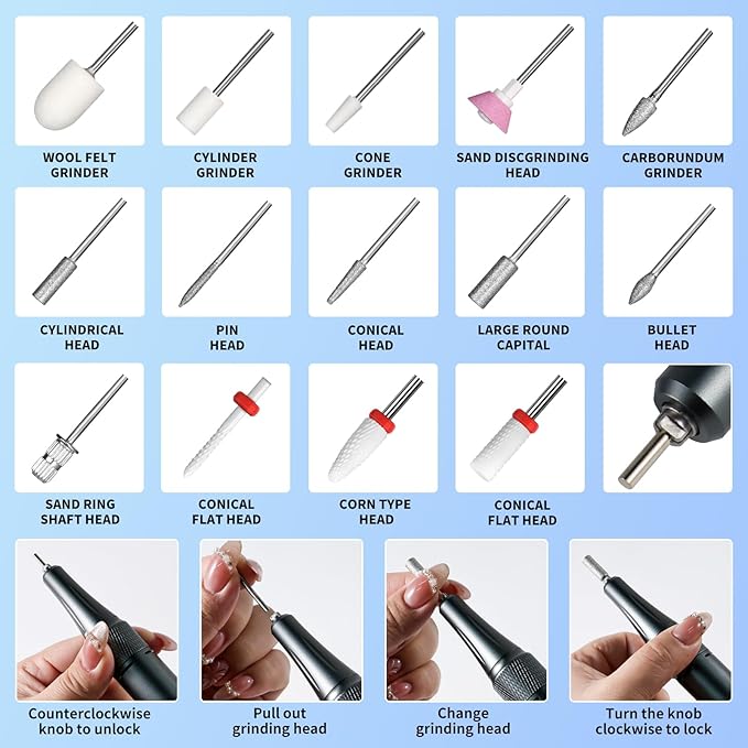 Professional Electric Nail Drill Kit 35000RPM with 14PCS Bits White Portable Rechargeable Cordless File Machine for Acrylic Gel Powder Nails and Manicure Pedicure Toenail Tool Salon Set