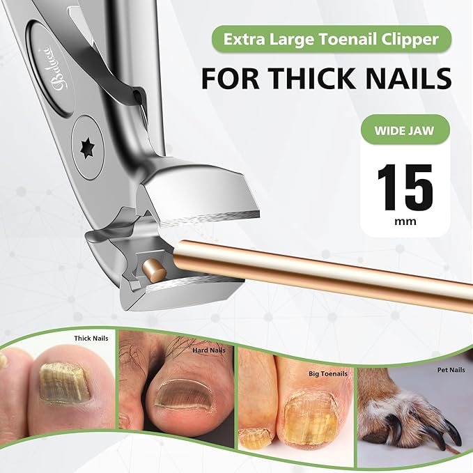 BALUCA Ergonomic Nail Clipper for Seniors - Toenail Clipper for Thick Toenails and Fingernails, Long Handle Nail Clippers with Catcher, Precision Nail Trimmer for Men and Women - Silver