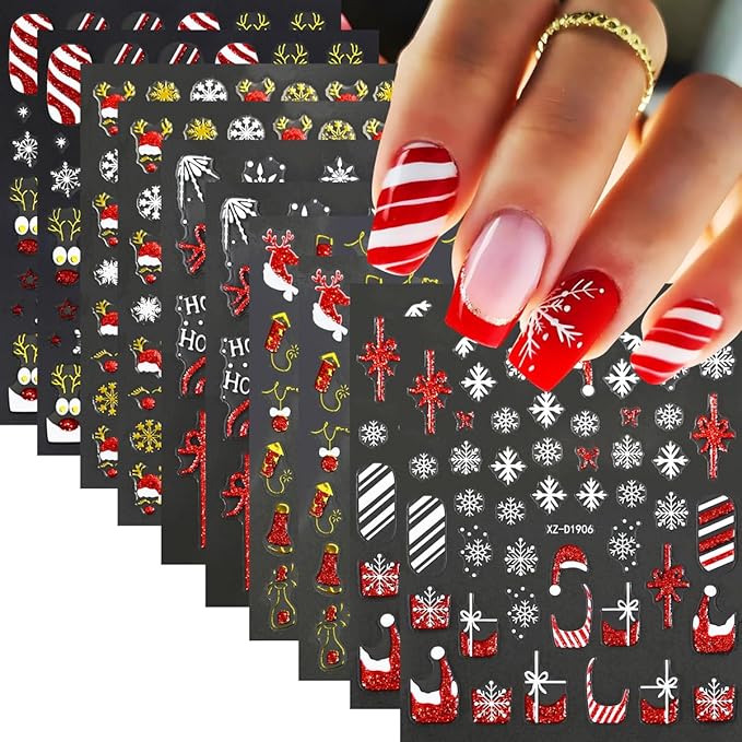 Christmas Nail Stickers - 10 Sheets 3D Nail Art Decals with Christmas Hat Snowflake Elk Red French Glitter Nail Decals Stickers - DIY Manicure Supplies for Women