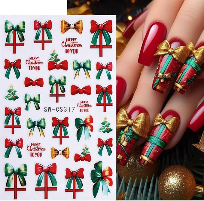 Christmas Nail Stickers Bow Stocking Snowman Nail Art Stickers Holiday Flower Candy Nail Decals 6Pcs Self-Adhesive Christmas Tree Design Sticker Holiday Nail Art Decoration for Women Manicure