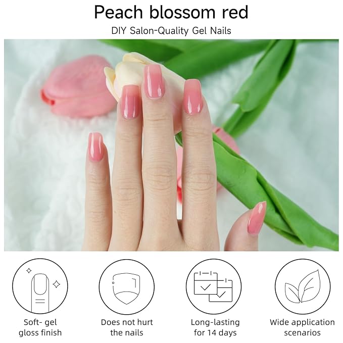 Semi Cured Gel Nail Strips, Peach Blossom red | 28 pcs Gel Nail Strips Work with Any UV Lamp, Salon Quality UV Nails Stickers, Easy to Apply for Home Nails DIY