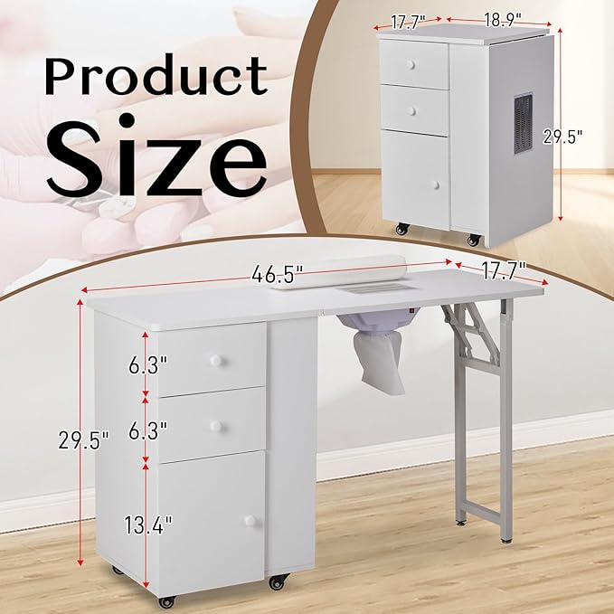 Winado Foldable Manicure Table Nail Table for Nail Tech, Nail Desk Station Makeup Beauty Salon Storage Acetone Resistant with Electric Dust Collector, Lockable Wheels, Wrist Cushion, Drawers & Cabinet