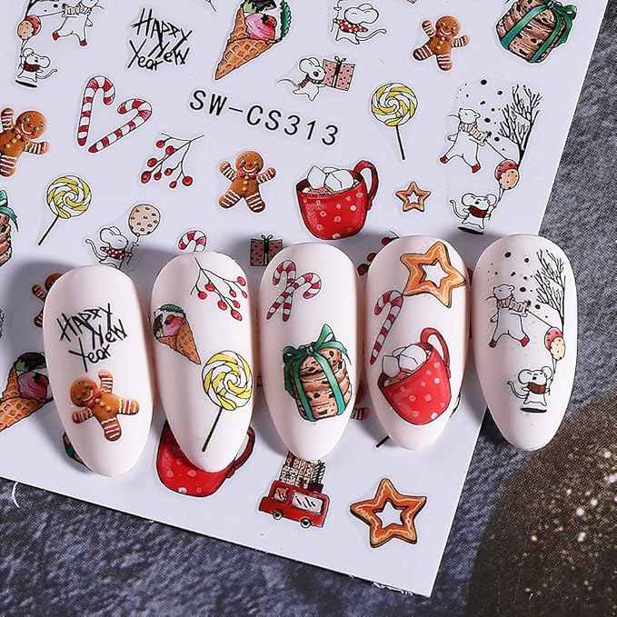 Christmas Nail Art Stickers Decals 3D Christmas Nail Stickers for Nail Art 6PCS Gingerbread Man Candy Cane Santa Claus Holly Cartoon Xmas Nails Design Adhesive Sliders Accessories for Nail Decorations