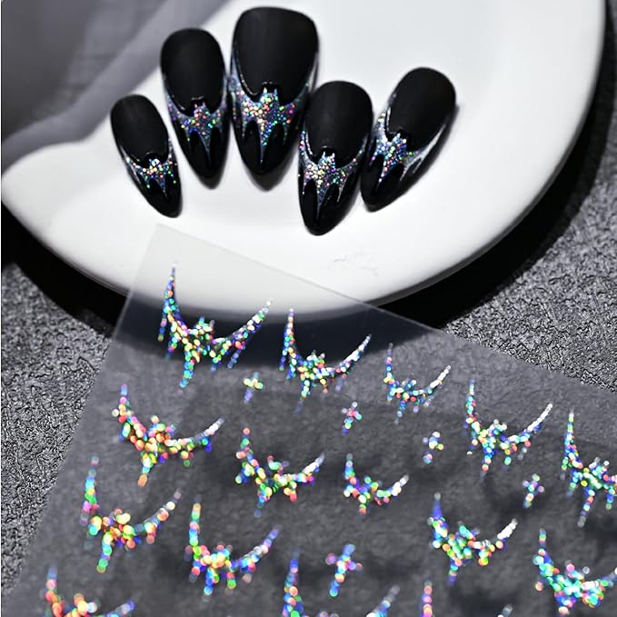 Halloween Nail Art Stickers Decals Silver Glitter Bat Nail Stickers 3D Embossed Bling Bat Cross Gothic French Design Halloween Nail Decals Manicure Sliders for Women DIY Nail Art Decorations Supplies