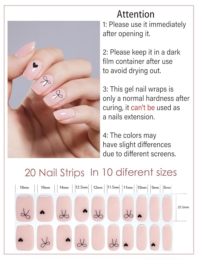 Briel Bowknot 20pcs Semi Cured Gel Nail Strips, Gel Nail Wraps UV for Home Nails DIY