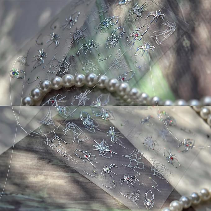 1 Sheets Halloween Nail Stickers for Nail Art 5D Gothic Spider Nail Art Stickers Decals Goth Metal Spider Web Nails Accessories Self-Adhesive Horror Halloween Nails Supplies for Women Nails Decor