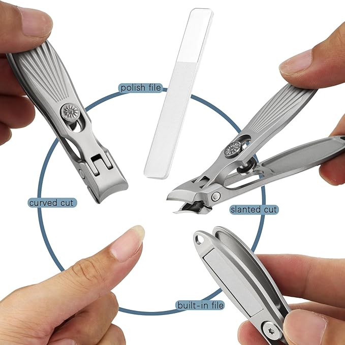 Curved and Slanted Nail Clippers Set for Men Thick Nails, Large Wide Jaw Opening Heavy Duty Stainless Steel Ultra Sharp Toenail Clippers with Catcher for Adult,Seniors (Grey-Combo)