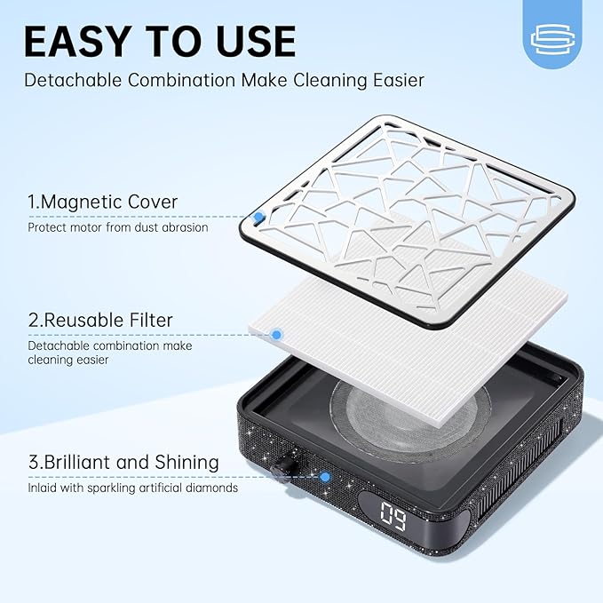 Nail Dust Collector, Powerful Vacuum Fan Vent Dust Collector Extractor Dust Suction Machine for Acrylic Nails Polishing, Nail Salon&Home, Black Diamond
