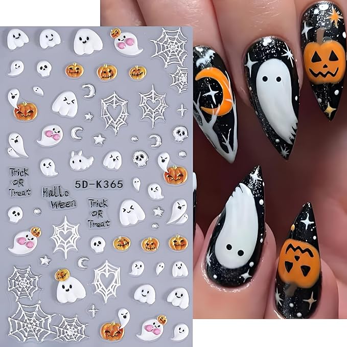 Halloween Nail Art Stickers Black Cat 5D Self-Adhesive Nail Stickers Cute Ghost Nail Decals Pumpkin Nail Art Spider Web Nail Decals Decoration Accessories for Women and Girls 2 Sheets