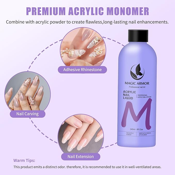 2 Pack 8FL.OZ Acrylic Liquid Monomer, Professional EMA Acrylic Nail Liquid, Non-Yellowing Acrylic Liquid for Acrylic Nail Extension & Carving, DIY Home Nail Salon Use