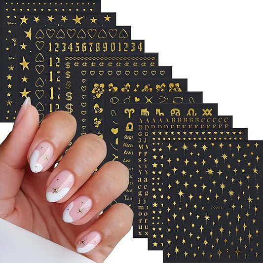 12 Sheets Gold Star Digit Heart Nail Art Stickers - 3D Self Adhesive Decals for Design and Decoration - Supplies Accessories for Women