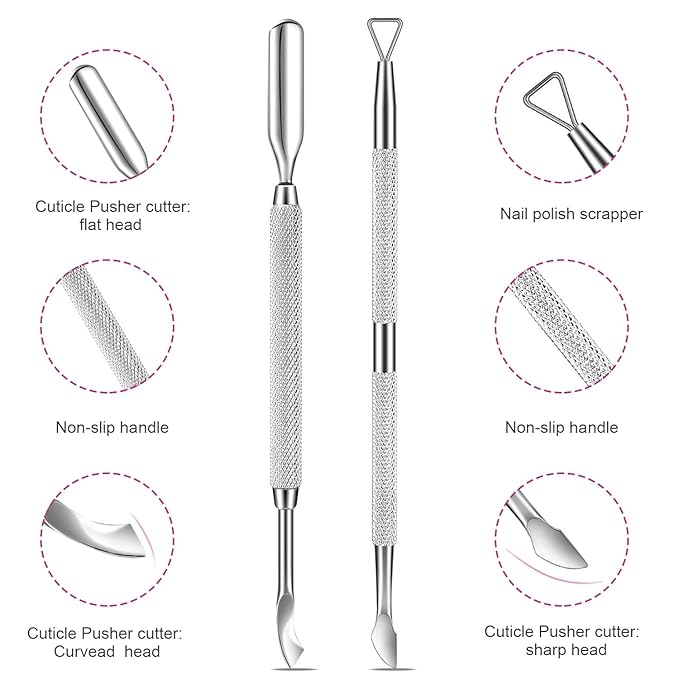 Premium Cuticle Pusher and Gel Polish Remover Set with Nail Files, Professional Grade Stainless Steel Cuticle Remover, Durable Pedicure Manicure Tools Nail Care Kit for Fingernails Toenails Silver